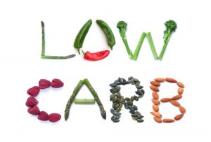 Fruits, vegetables and seeds spelling the word low carb